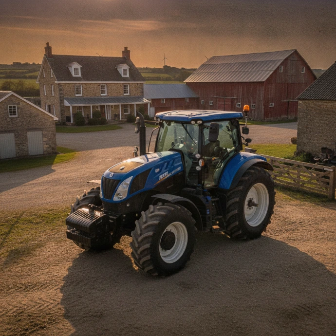 AI Generated Tracteur avec ferme en arrière-plan